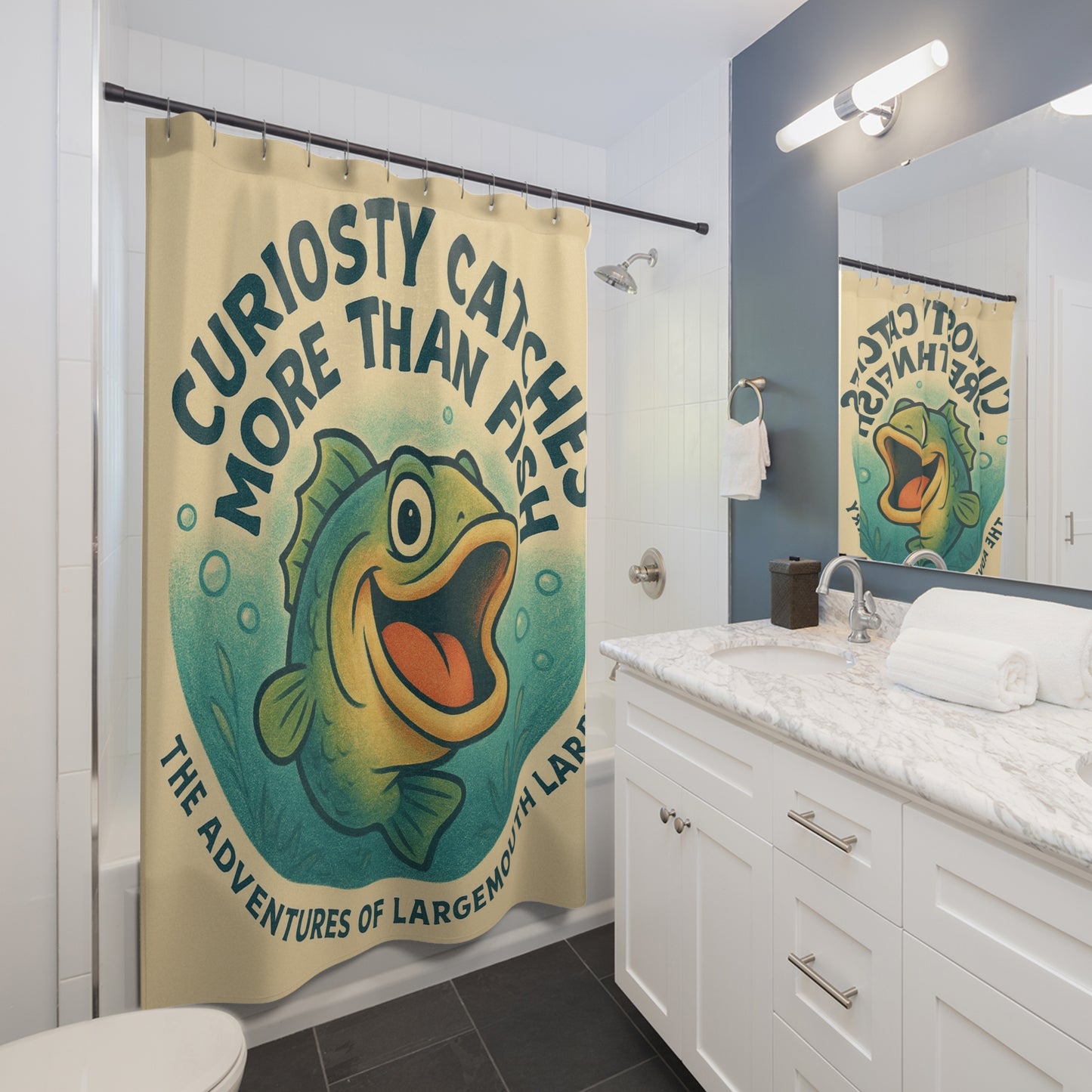 Fun and Whimsical Shower Curtain for Fishing Enthusiasts, Unique Bathroom Decor, Gift for Anglers, Curiosity Catches More Than Fish