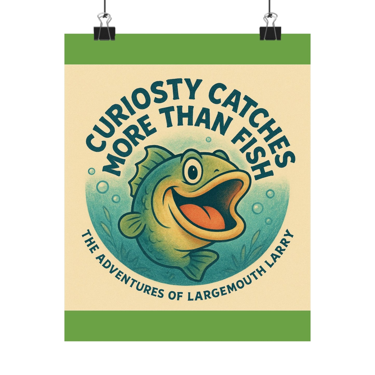 Whimsical Fishing Poster - Curiosity Catches More Than Fish, Adventure Art, Largemouth Larry Decor, Fishing Gifts, Kids Room Decoration