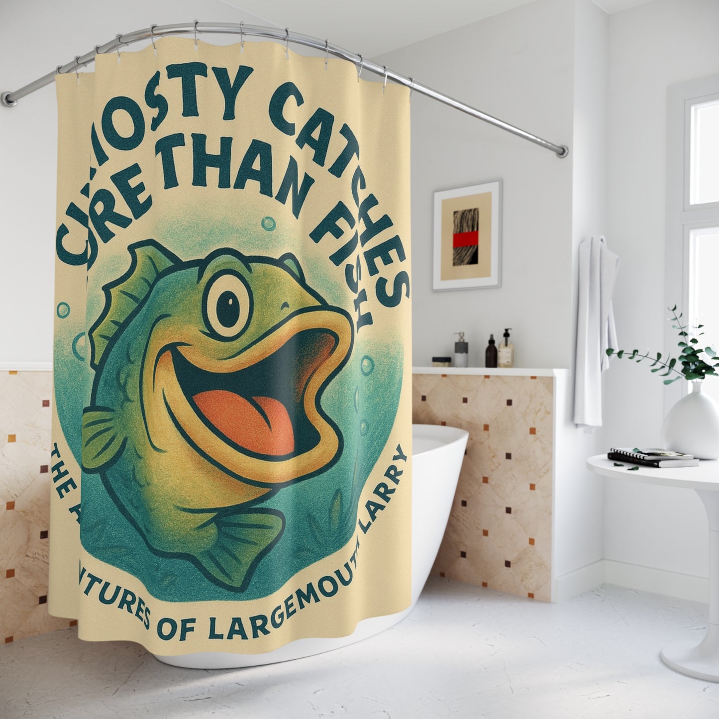 Fun and Whimsical Shower Curtain for Fishing Enthusiasts, Unique Bathroom Decor, Gift for Anglers, Curiosity Catches More Than Fish